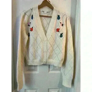 Hyfve Embroidered Floral Cardigan Cutesy Size Medium Trendy Classic Ivory White